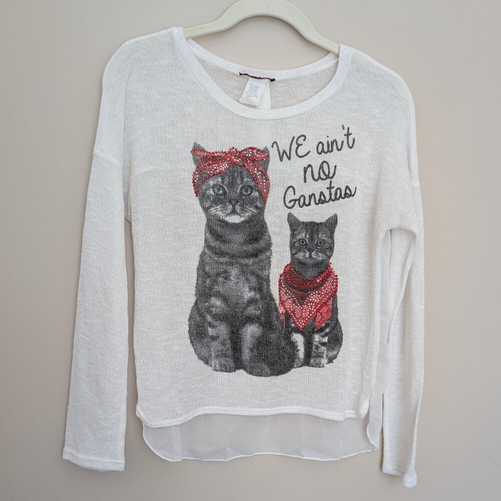 Blush 'we ain't no ganstas' cat sheer lightweight long sleeve top Medium